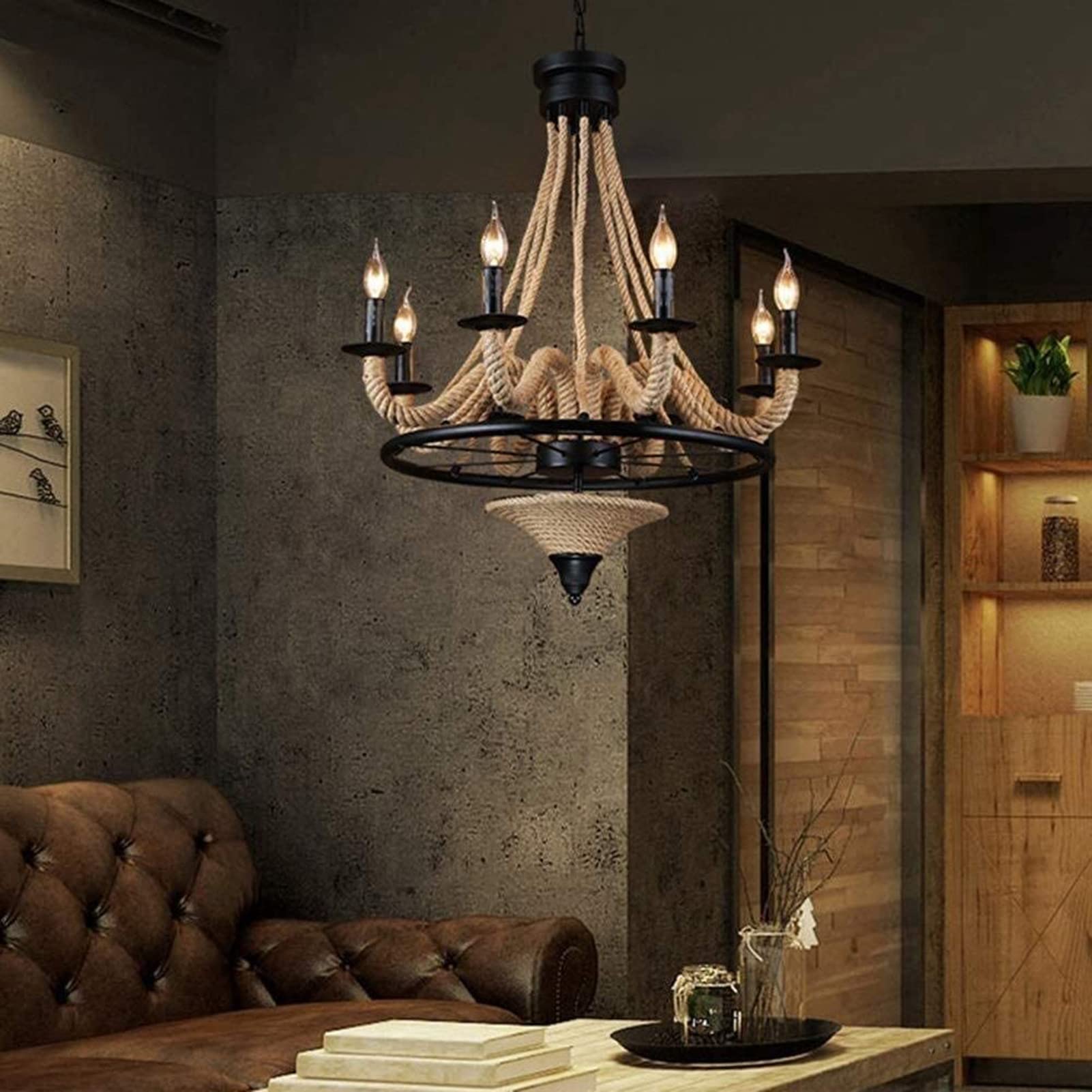 Epoch Antik LED pendant lamp Wood/black Metal/Rope Living room/Bar/Restaurant 