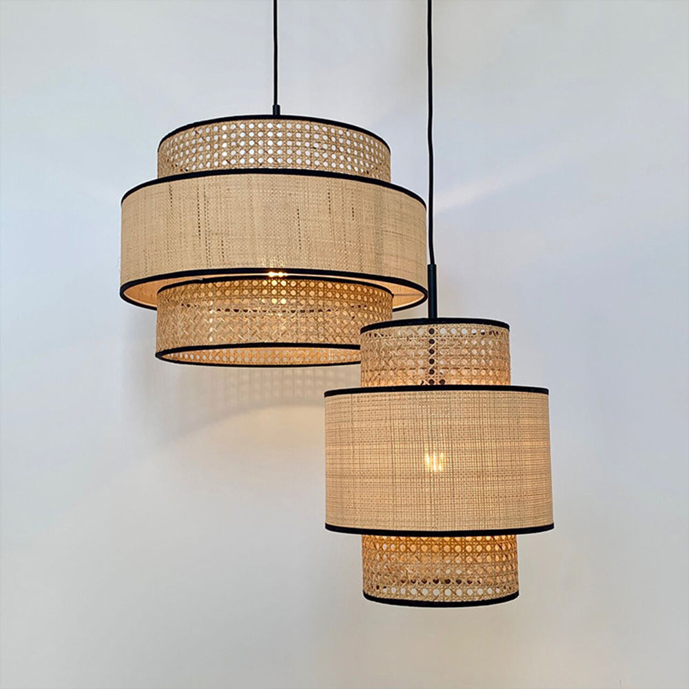 Ritta Wabi Sabi Tri-Layer Cylindrical Rattan/Metal Pendant Lamp, Wood 
