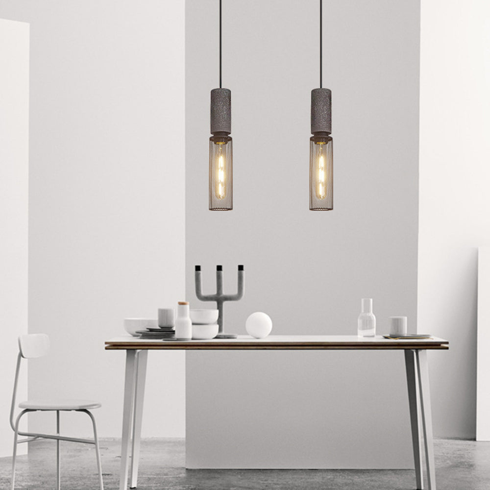 Zaid Industrial Cylindrical Pendant Lamp, Cement/Metal, Wabi-Sabi 