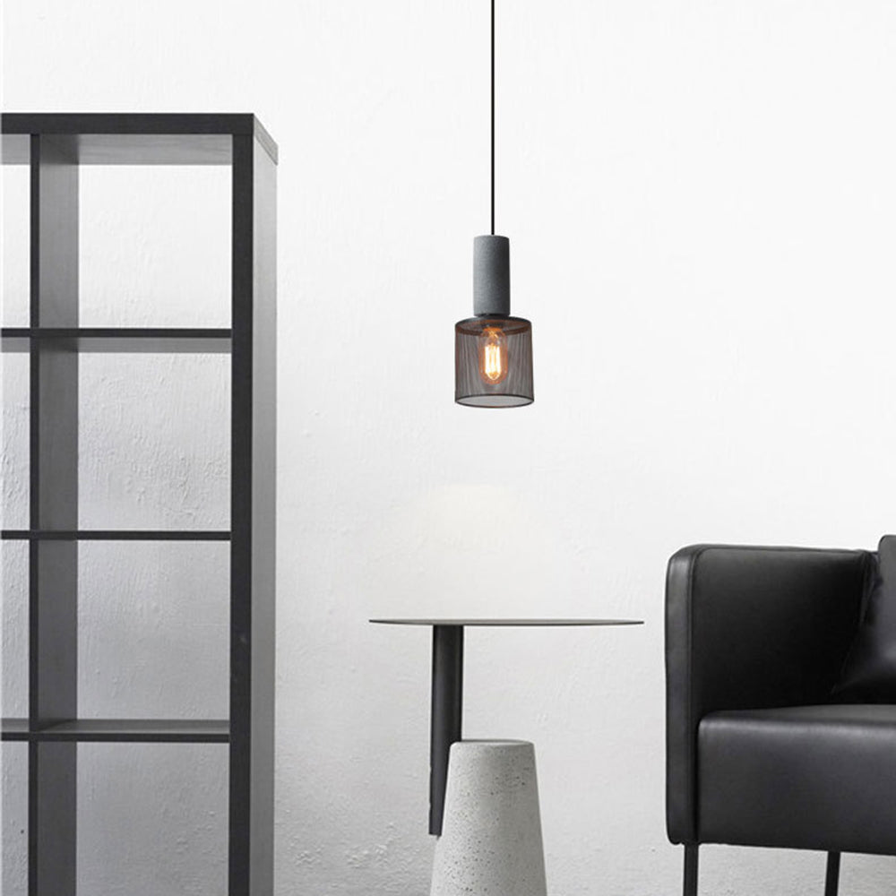 Zaid Industrial Cylindrical Pendant Lamp, Cement/Metal, Wabi-Sabi 