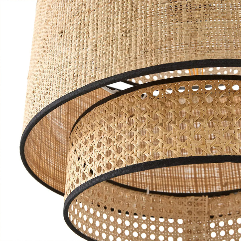 Ritta Wabi Sabi Tri-Layer Cylindrical Rattan/Metal Pendant Lamp, Wood 