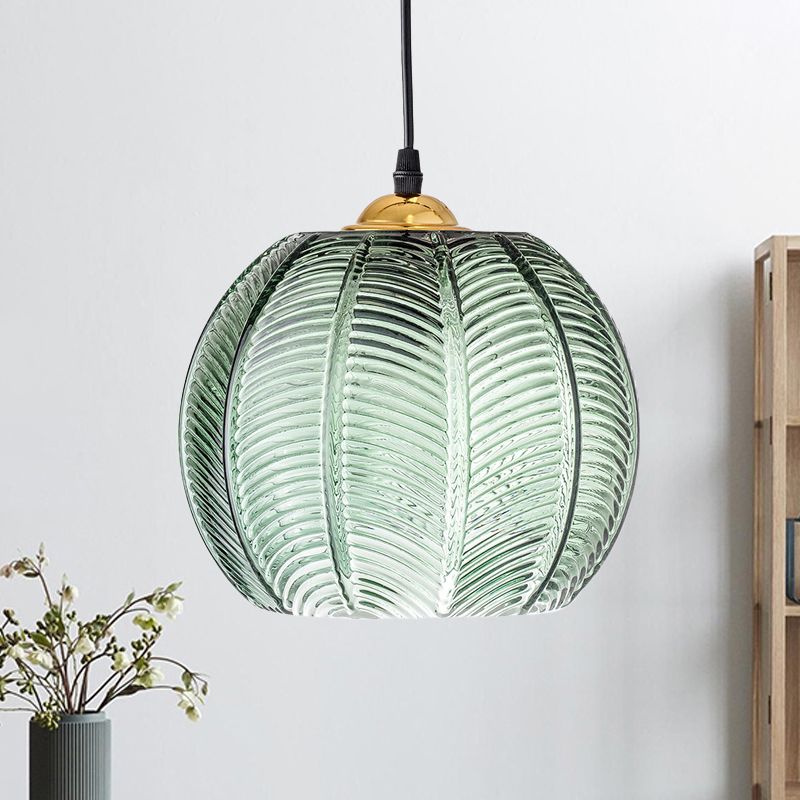 Hailie Green Ribbed Glass Pendant Lamp, DIA 15CM