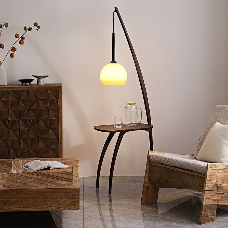 Ozawa Modern Dome Tripod Wooden Glass Floor Lamp /w Table, Brown 