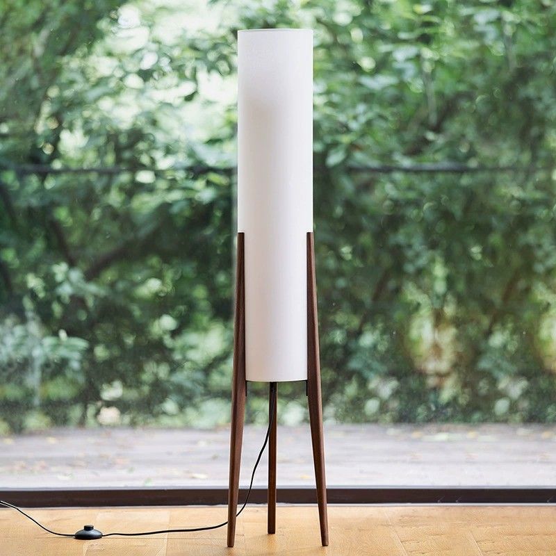 Ozawa Moderne Cylinder Tripod Træ Glas Gulvlampe, Brun