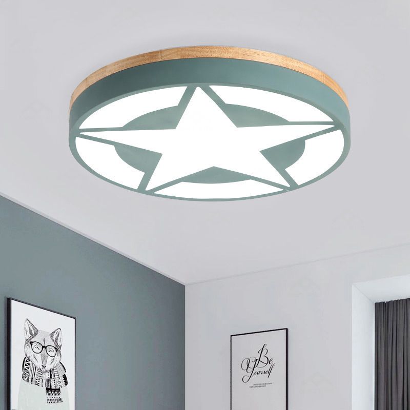 Quinn Modern Round Star Acrylic/Wood Ceiling Lamp, White/Green/Grey
