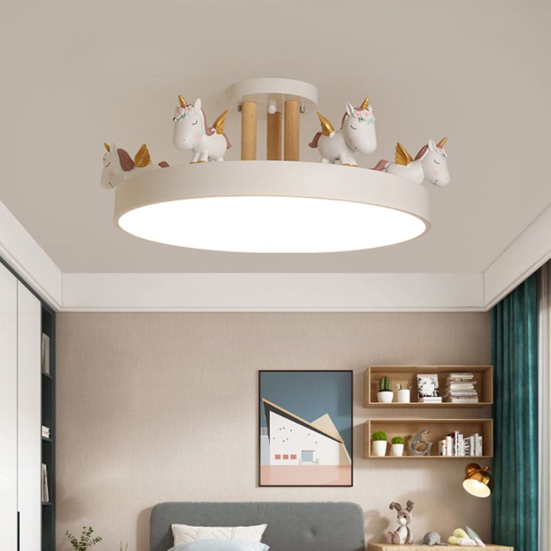 Quinn Modern Round Unicorn Acrylic/Wood Ceiling Lamp, White/Pink/Blue