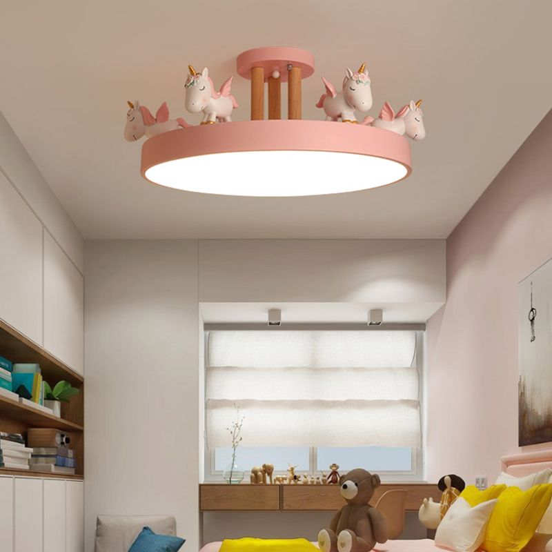 Quinn Modern Round Unicorn Acrylic/Wood Ceiling Lamp, White/Pink/Blue