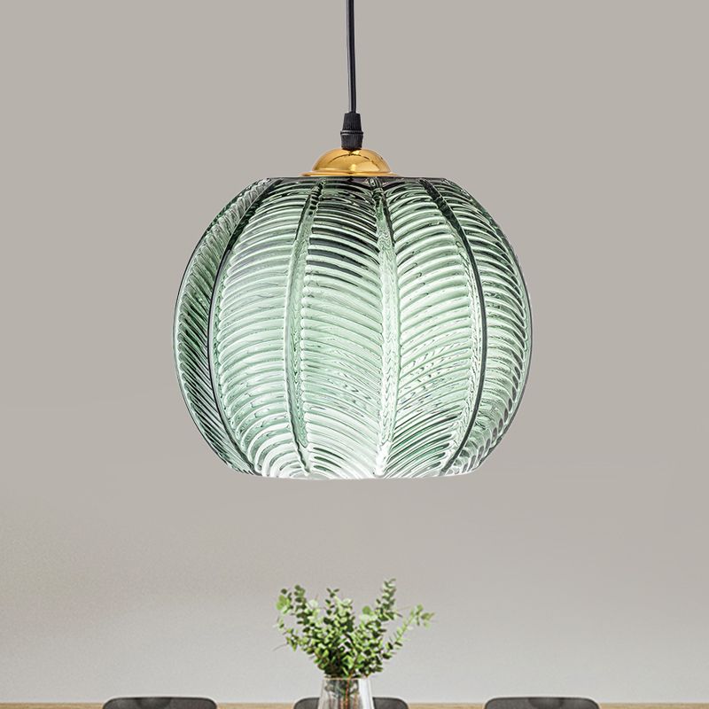 Hailie Green Ribbed Glass Pendant Lamp, DIA 15CM