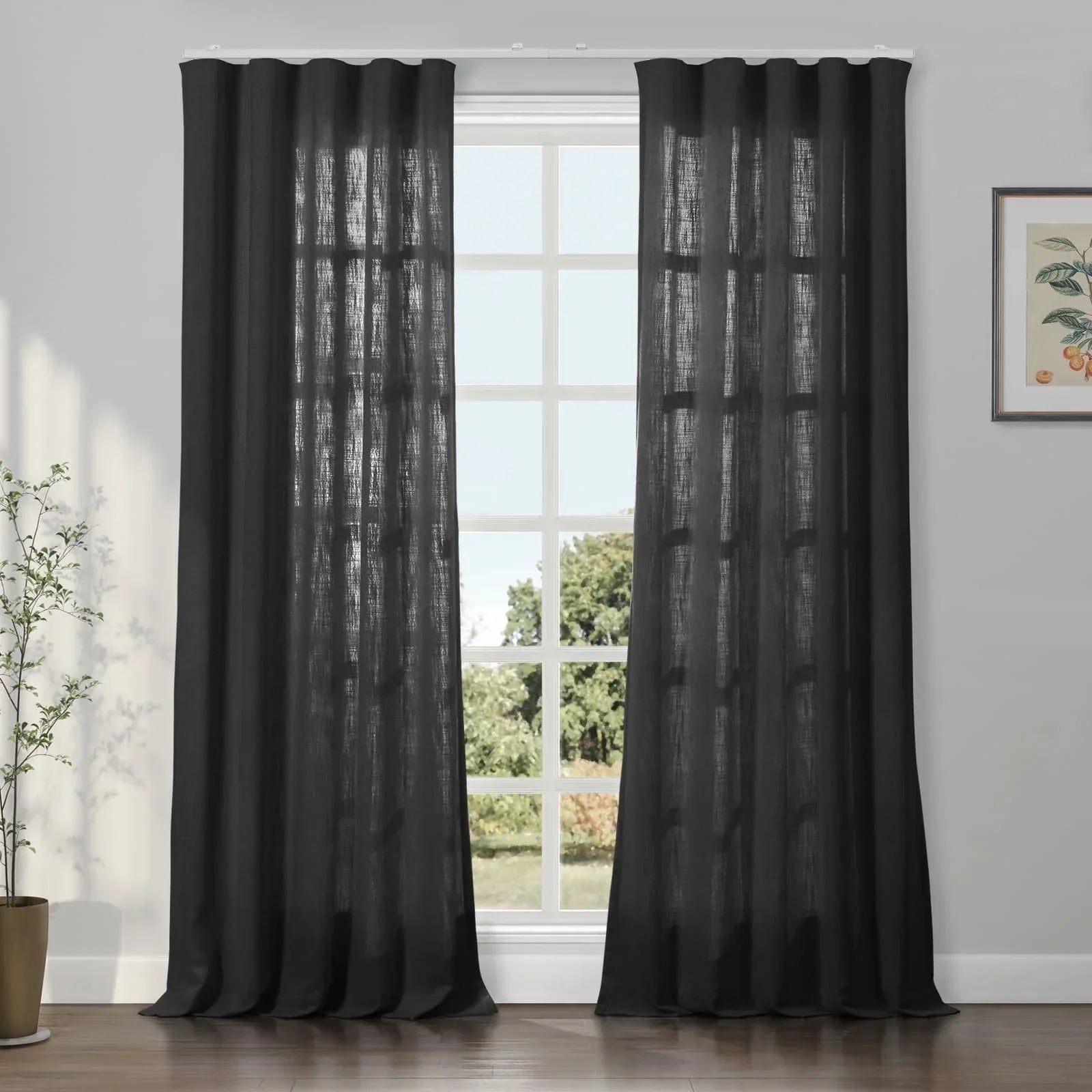 Loomy Premium Linen Blackout Curtain Living Room Ripple Fold Drapery Track Set 