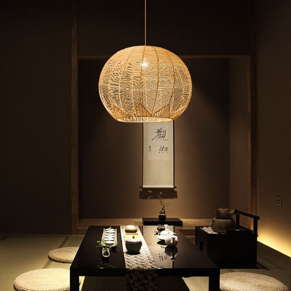Ritta Designer Round Handmade Rattan Pendant Lamp, Dining Room