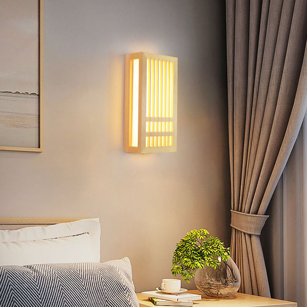 Ozawa Wall Lamp Rectangular Rustic, Wood/Acrylic, Log Colour, Bedroom