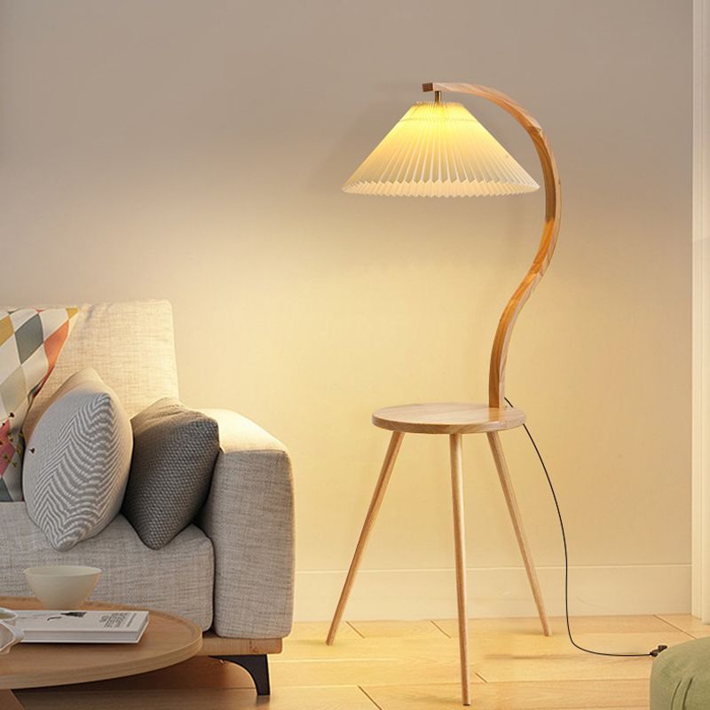 Ozawa Modern Pleated Wood Fabric Bedside Table Floor Lamp 