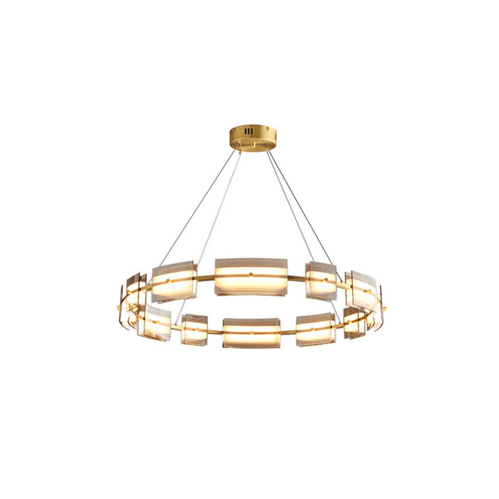 Evette Pendant Lamp 2 Color Remote Control 1/2 Rings, Pure Copper &amp; Glass, 9/12/15 Heads 