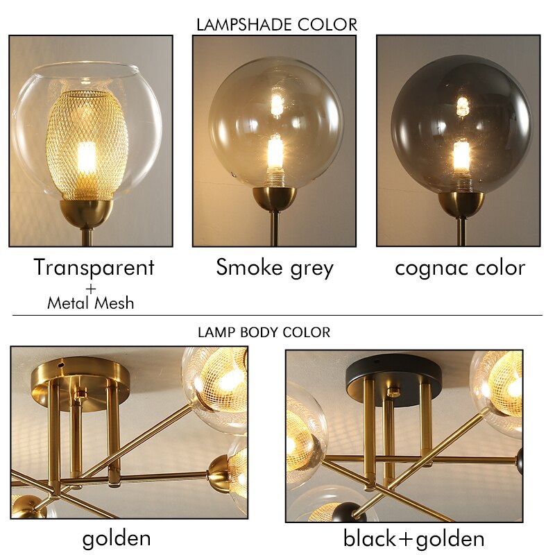 LED Ceiling lamp in Wrought iron Luster industrial Smoke colored Glass Ceiling lamp