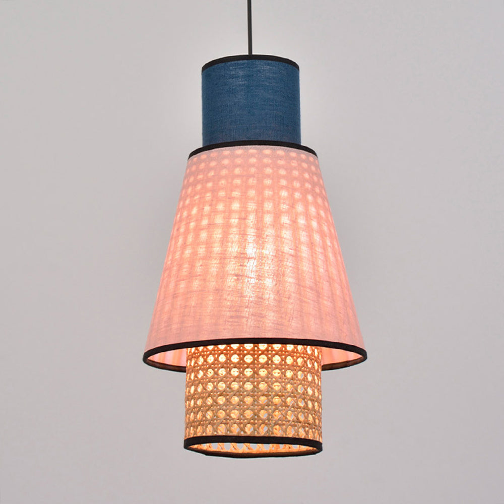 Ritta Cylindrical Fabric/Rattan Pendant Lamp, Pink/Royal Blue 