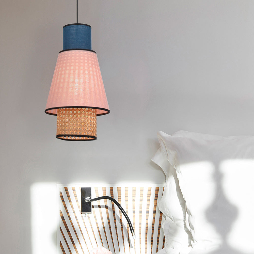 Ritta Cylindrical Fabric/Rattan Pendant Lamp, Pink/Royal Blue 