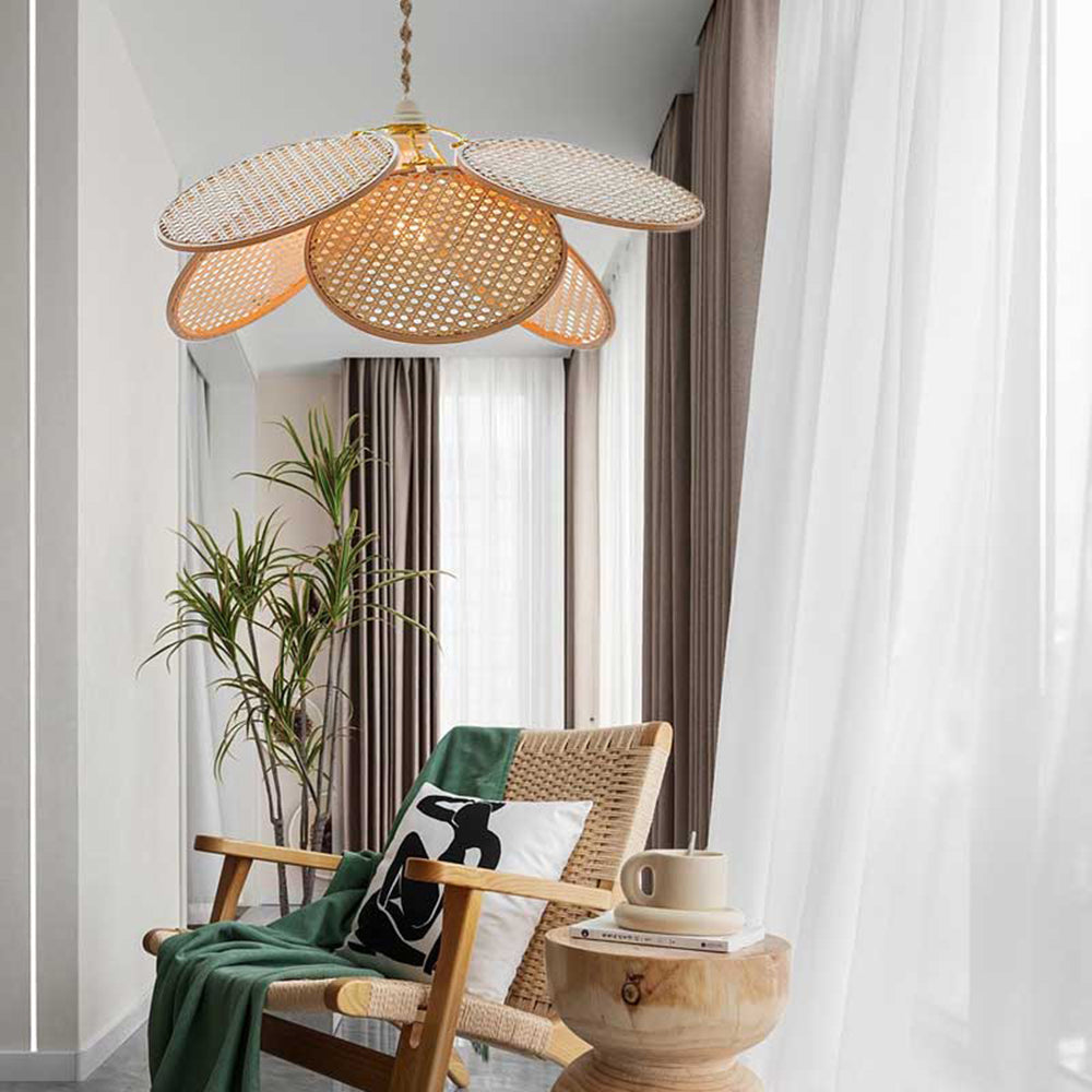 Ritta French Country Rattan Weaving Creative Fan Pendant Lamp, Wood 