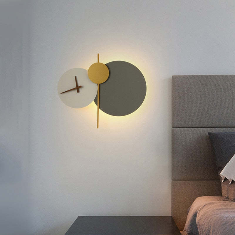 Nordic Creative LED Round Clock Wall Lamp Bedroom